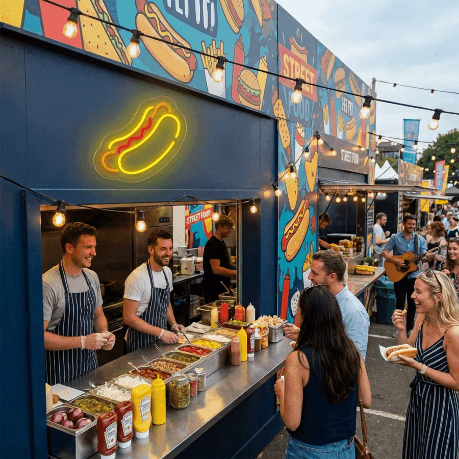Customers order food at a vibrant street food stall decorated with bright signage and a glowing Hot Dog Neon Sign, as condiments and toppings line the counter.