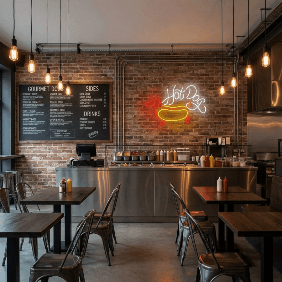 A modern hot dog restaurant features brick walls, menu boards, a condiment station, empty tables with metal chairs, and a vibrant Neon Hot Dog Sign.