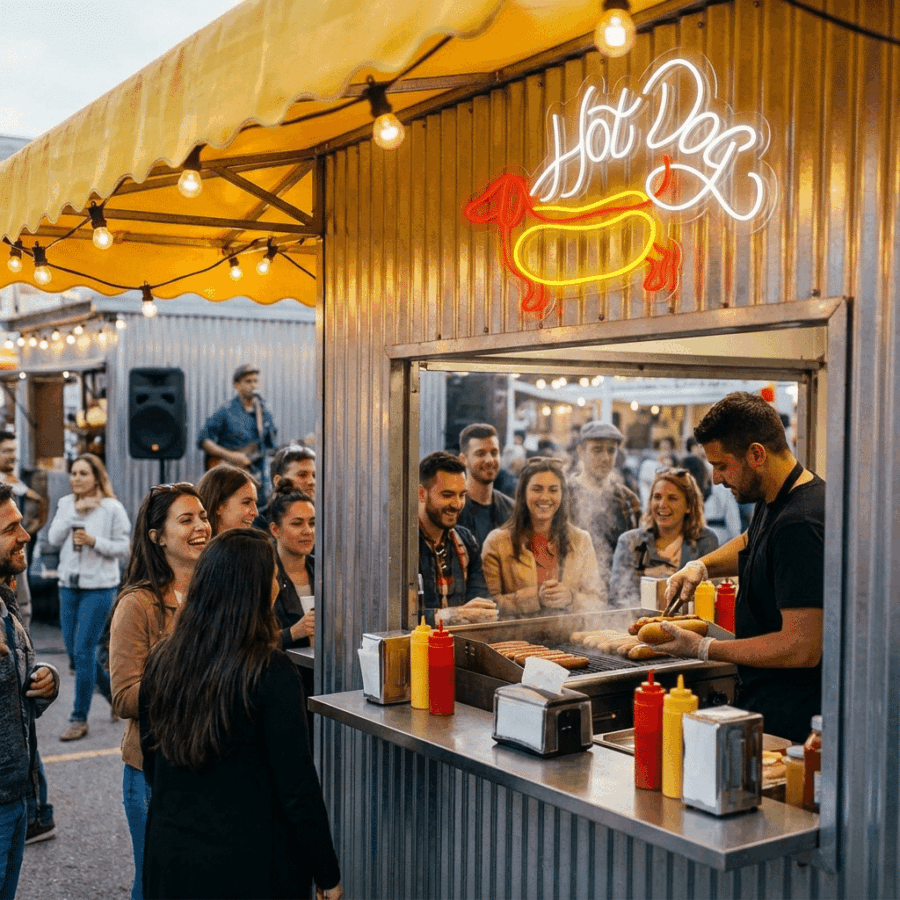 A group waits in line at an outdoor hot dog stand under a yellow awning, with a vibrant Neon Hot Dog Sign glowing above as the vendor prepares fresh food behind the counter.
