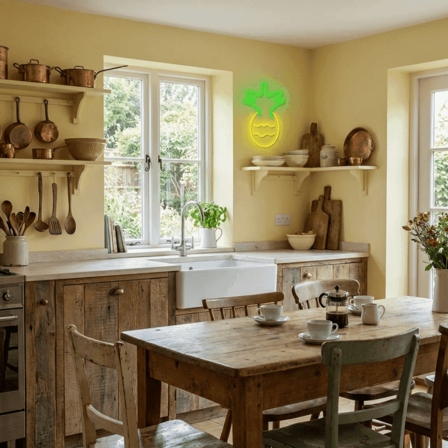 A rustic kitchen featuring wooden cabinets, a dining table, open shelves with copper cookware, and the Pineapple Neon glowing playfully on the vibrant yellow wall above the sink.