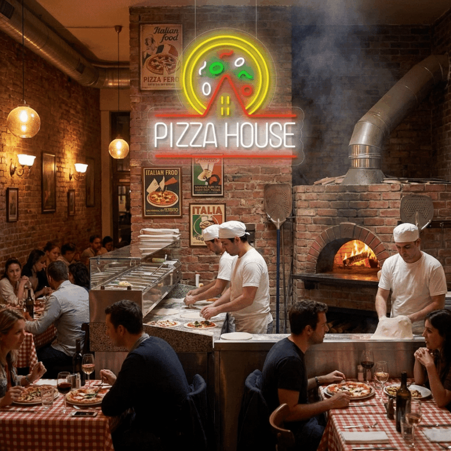 At Neon Pizza House, chefs toss dough at the counter while guests enjoy brick-oven pizzas at tables with checkered tablecloths, all under a glowing Neon Pizza House sign on the wall.
