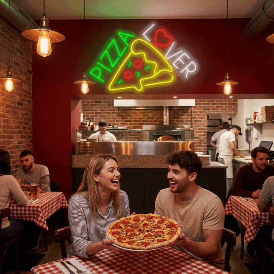 A happy couple holds a large pepperoni pizza at a restaurant with the Neon Pizza Lover sign glowing in the background; other diners and kitchen staff can be seen.