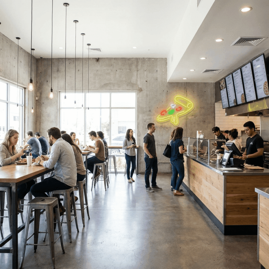 At Neon Pizza, customers order at the counter and enjoy their meals at tables in a modern, brightly lit space with a neon sign and large windows.