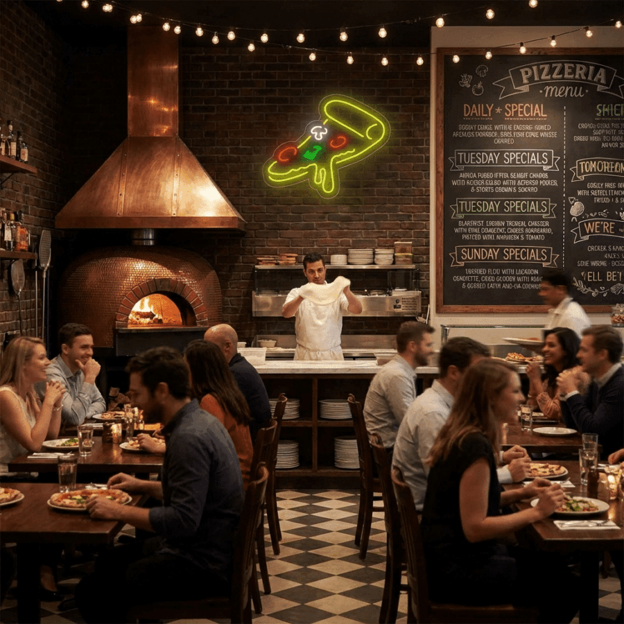 In Neon Pizza, a chef tosses dough behind the counter while diners enjoy their meals amid string lights, a neon pizza sign, and a visible menu displayed on the brick wall.