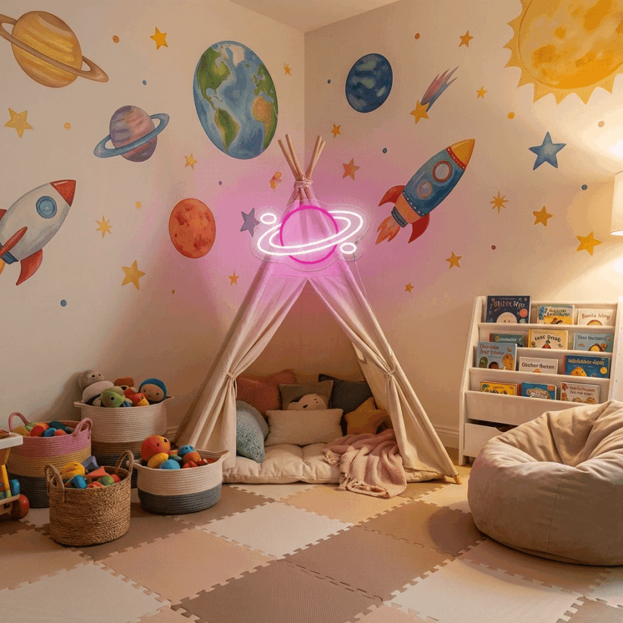 Children’s space-themed playroom with a tent, stuffed toys, bean bag, bookshelves, and planet wall décor. The Neon Planet sign glows above the tent, adding an out-of-this-world vibe.