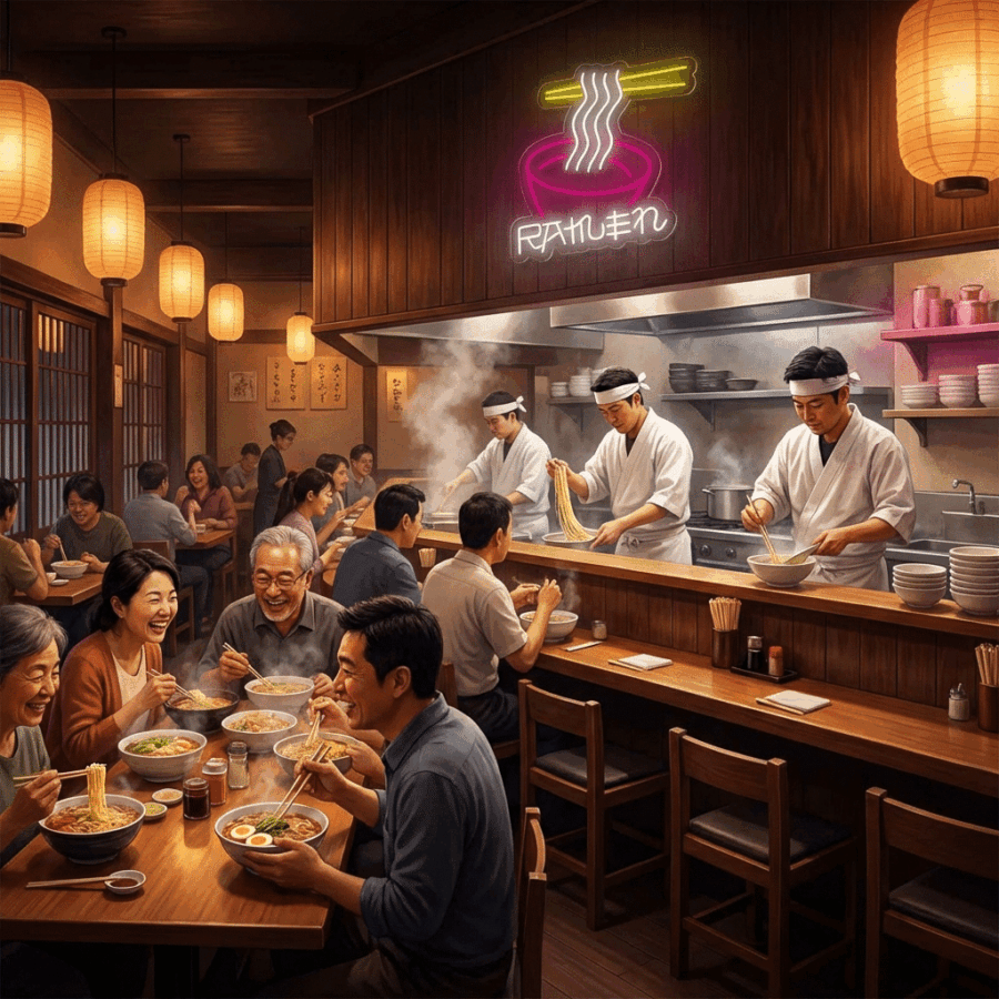 Neon Ramen is a lively restaurant where chefs craft noodles behind the counter while customers enjoy their meals at wooden tables beneath cozy, hanging lights.