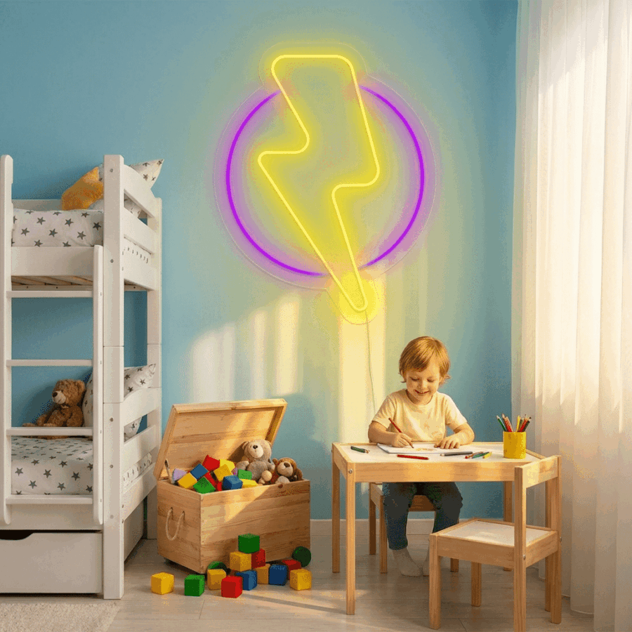 A young child draws at a small table in a bright room with a bunk bed, toy chest, building blocks, and the Neon Lightning glowing on the wall.