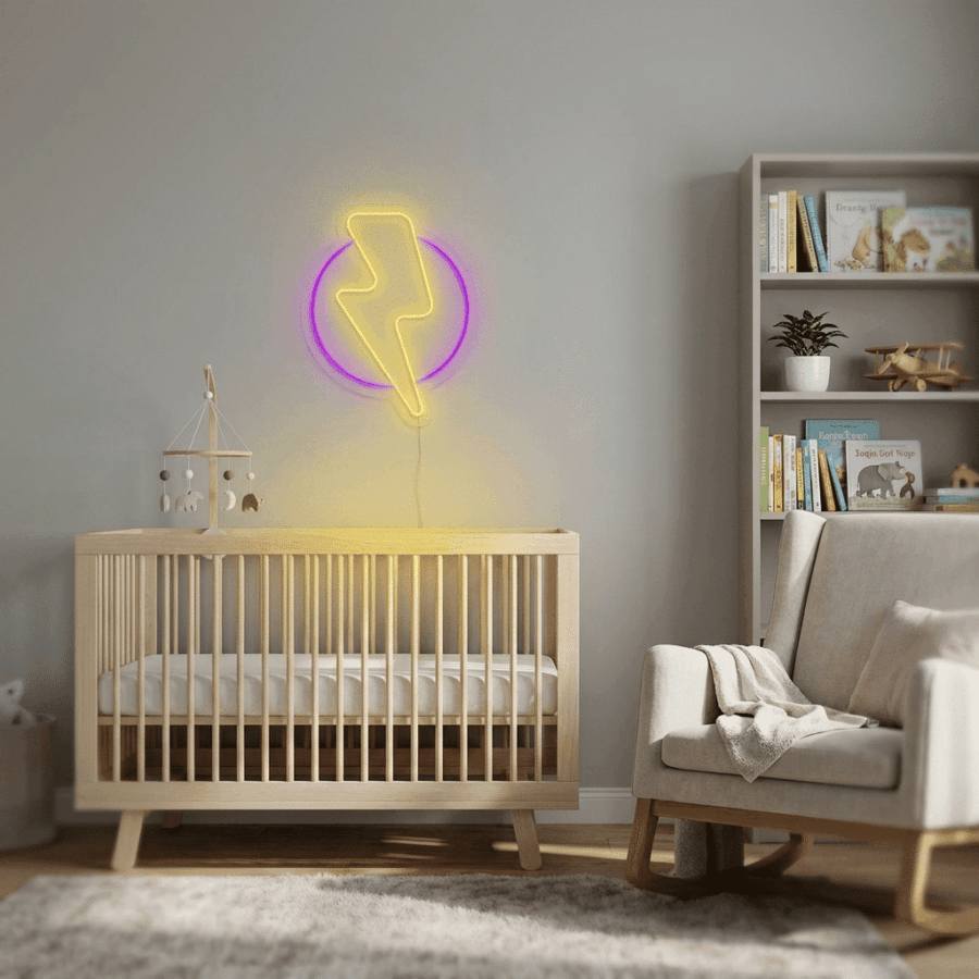 A modern nursery featuring a wooden crib, rocking chair, bookshelf with children's books, and the Neon Lightning wall light glowing above the crib.