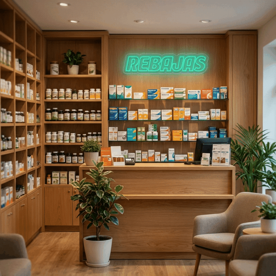A modern pharmacy interior with wooden shelves of medications and supplements, a counter with a cash register, plants, and a Double Line Neon Sale sign glowing on the back wall.