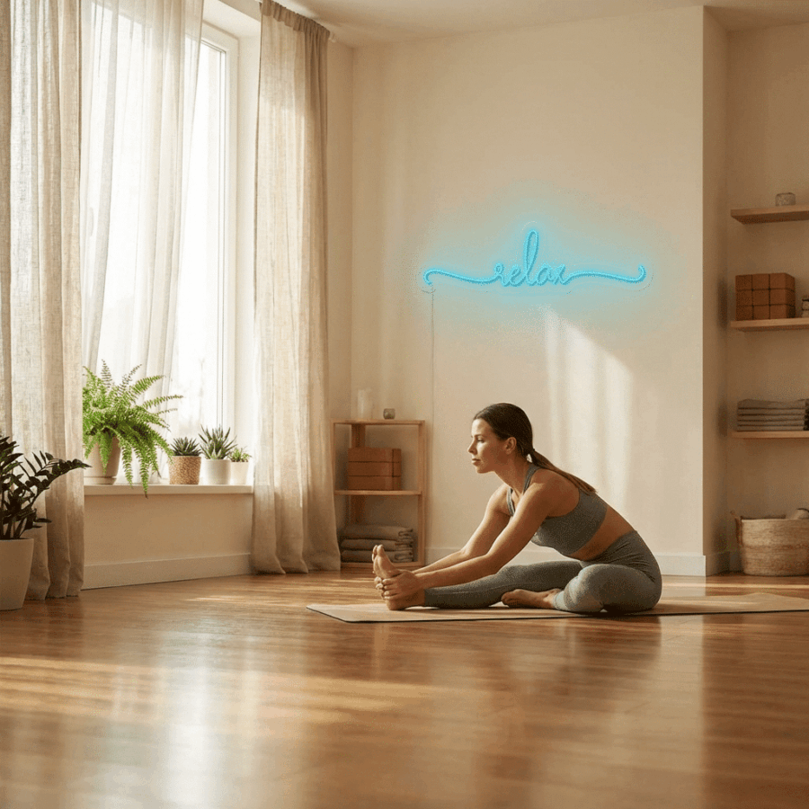 A woman in athletic wear stretches on a yoga mat in a sunlit room with wooden floors and potted plants, beneath the softly glowing Relax Neon sign.