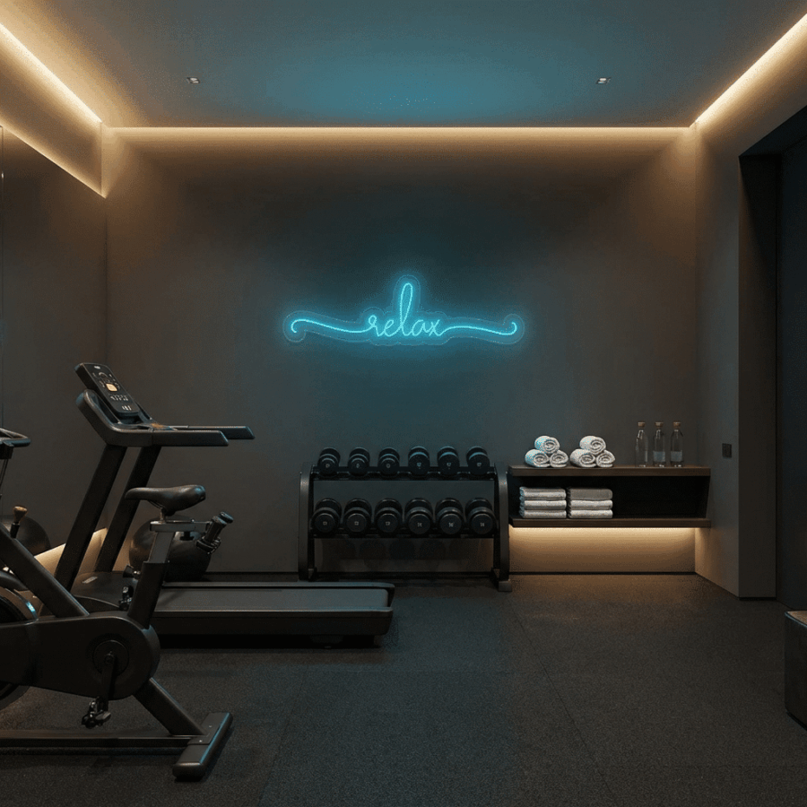 Modern gym with treadmills, dumbbells, towels, and water bottles. A blue Relax Neon sign glows on the wall under soft lighting, enhancing the calm atmosphere.