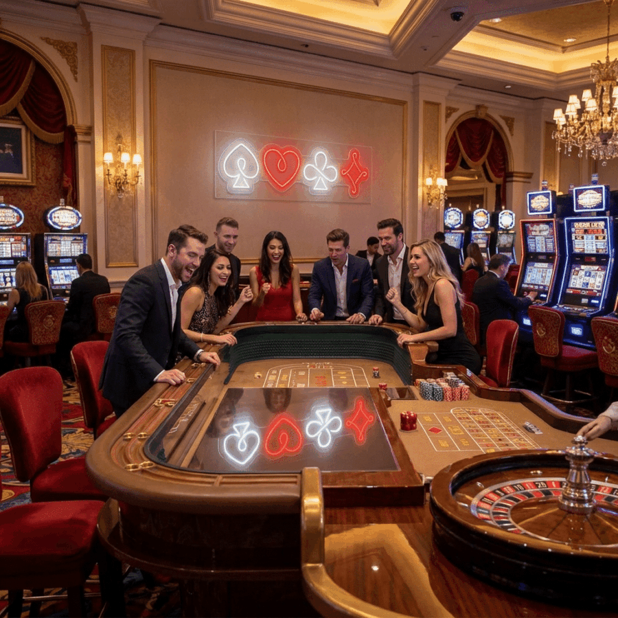 A group of people play a game at a casino table with slot machines and the Rhomboid Neon Spade Heart sign glowing in the lively, upscale background.
