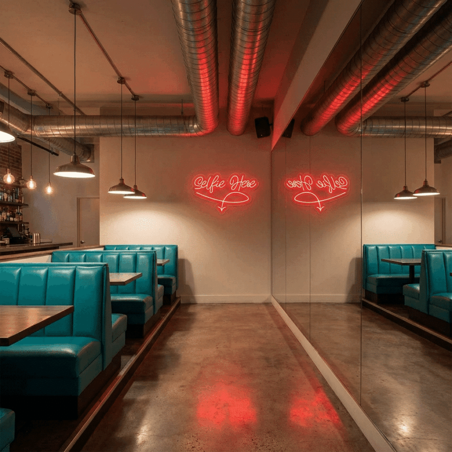 A modern diner with teal booths, exposed ducts, hanging lights, a mirrored wall, and a red Selfie Neon Here sign.