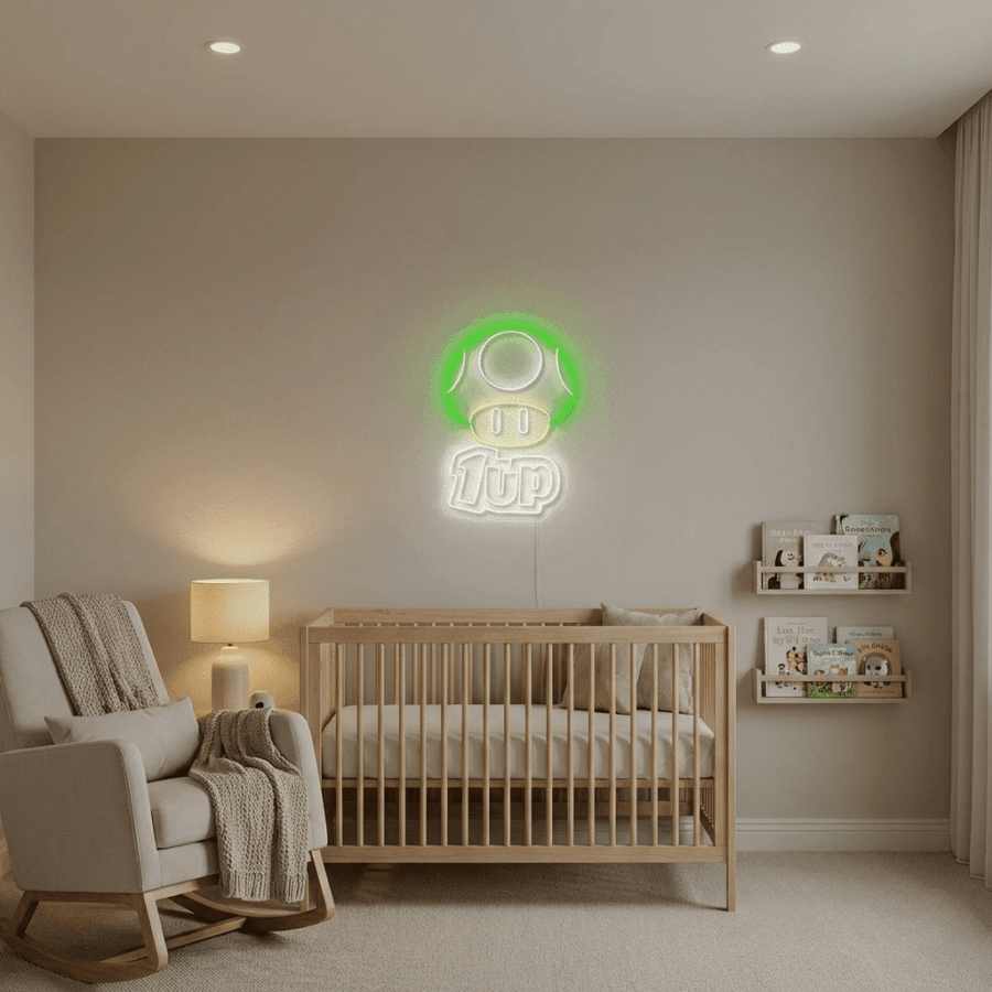 A nursery room featuring a crib, cozy chair, lamp, bookshelves, and the Neon Mushroom 1Up sign glowing on the wall above the crib.