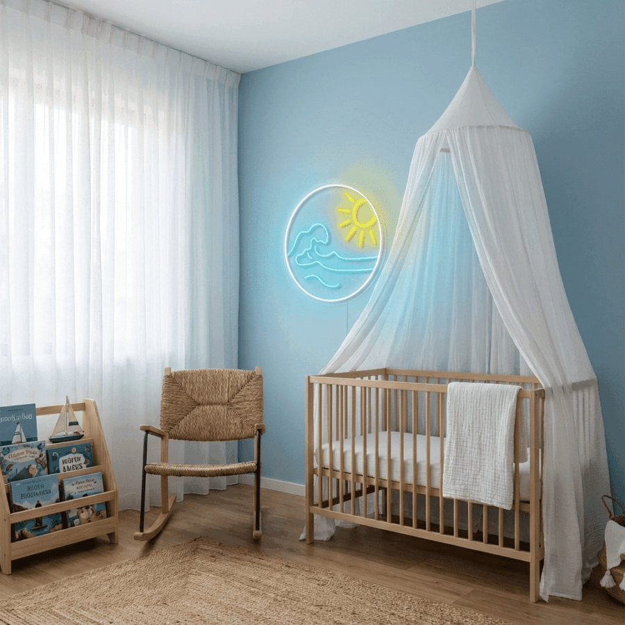 A nursery with a wooden crib under a white canopy, a wicker chair, a book rack, and the Sun and Sea Neon wall art brightening the light blue wall.