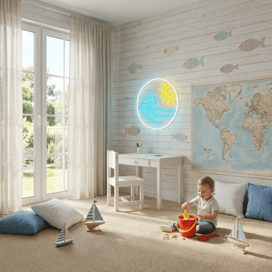 A young child plays with a bucket on the carpet in a bright, nautical-themed room featuring a desk, world map, fish decals, and the glowing Sun and Sea Neon by the large window.