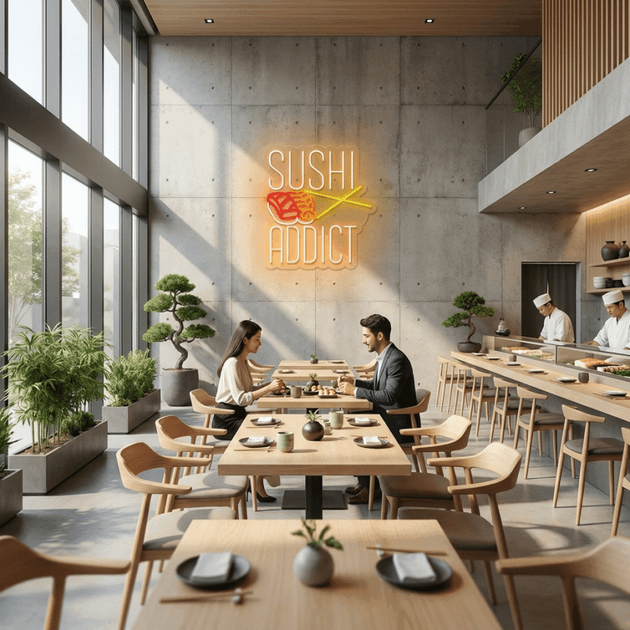 Two people dine at a modern sushi restaurant with large windows, lush plants, and a vibrant Sushi Addict Neon sign on the wall while chefs prepare food behind the counter.