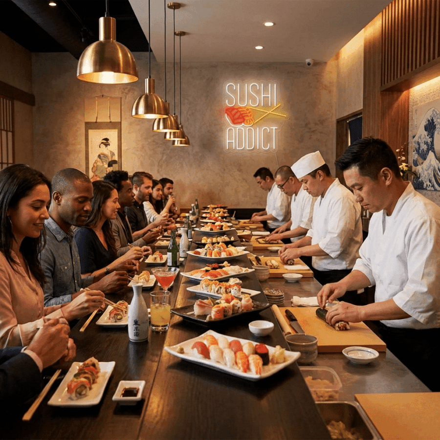 At the sushi bar, people watch chefs prepare sushi as a Sushi Addict Neon sign glows on the wall, illuminating sushi platters and drinks lined up on the counter.