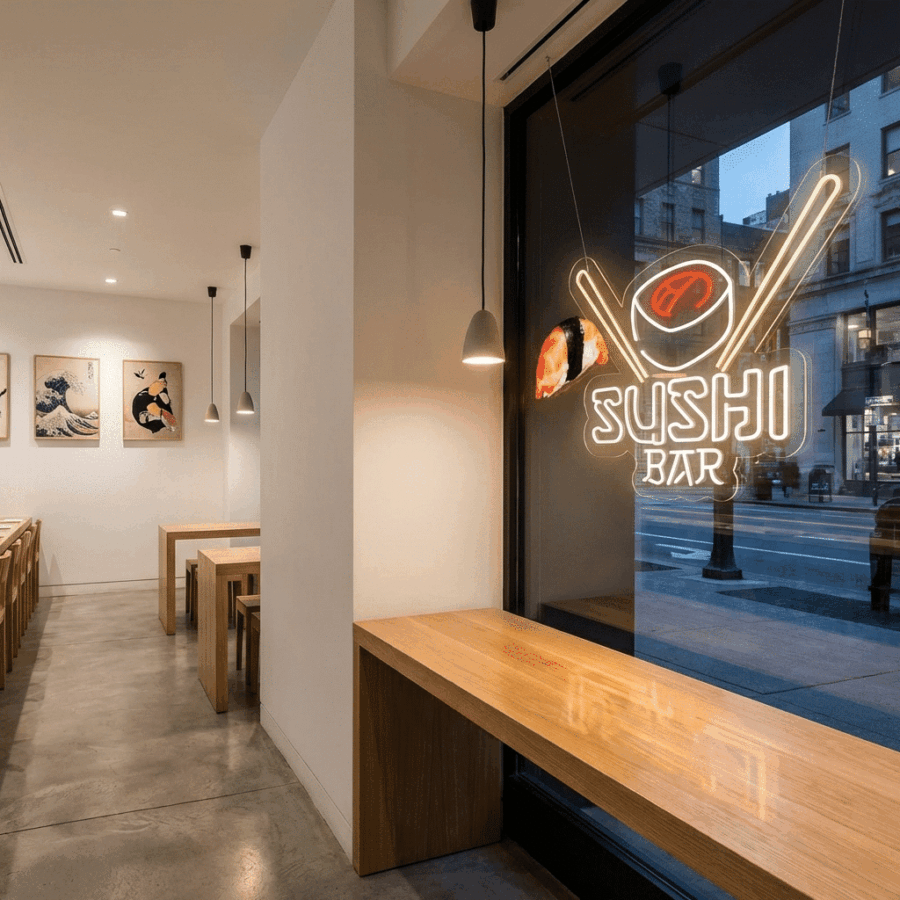 Neon Sushi Bar features a modern interior with wooden tables, hanging lights, a glowing neon "Sushi Bar" sign in the window overlooking the city, and white walls adorned with artwork.