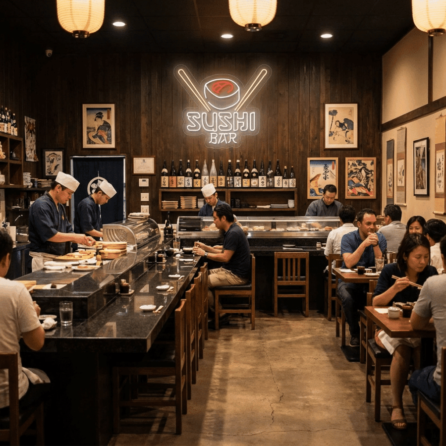 Neon Sushi Bar features chefs preparing food behind the counter, with diners seated at tables and the counter, all amid Japanese decor and vibrant neon artwork.