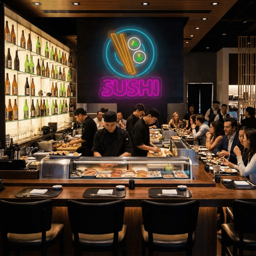 Chefs prepare food behind the counter of a busy sushi restaurant as diners enjoy their meals. The Sushi Neon sign glows vibrantly on the wall, and bottles are displayed on nearby shelves.