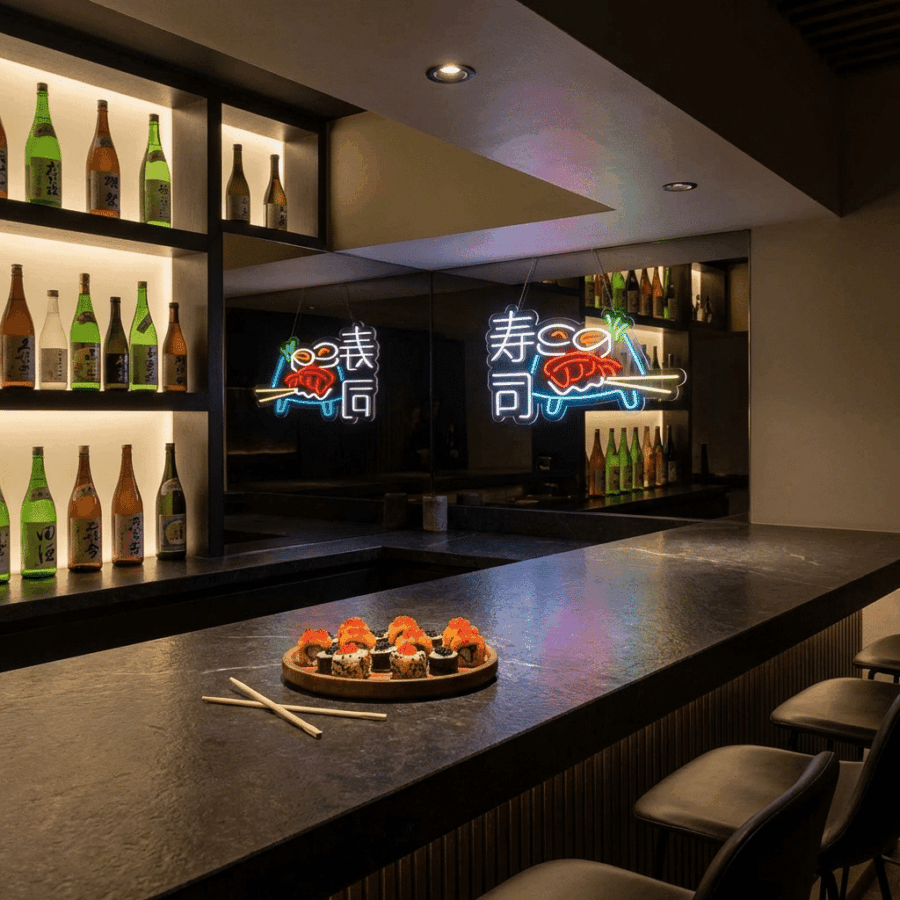 Experience Oriental Neon Sushi: a modern sushi bar with a stone counter, assorted sushi on a wooden platter, chopsticks, backlit shelves of sake bottles, and the signature Oriental Neon Sushi sign reflected in a mirror.