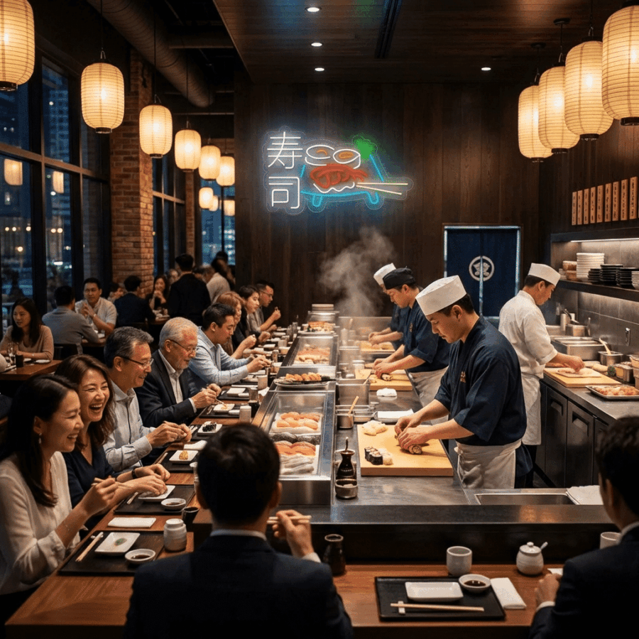 Chefs prepare sushi behind a counter in a busy restaurant, with diners seated under Japanese lantern lights and the glowing Oriental Neon Sushi sign shining on the wall.
