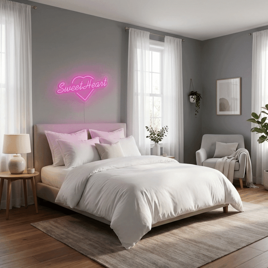 Modern bedroom with a made bed, Sweet Heart Neon sign glowing pink above the headboard, cozy armchair with blanket, two windows with white curtains, and a nightstand holding a lamp and plant.