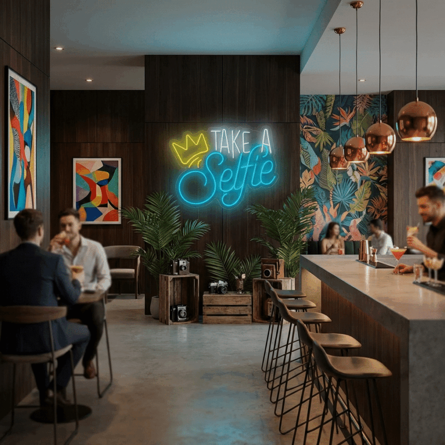 Modern bar featuring lush plants, colorful artwork, socializing guests at tables and the counter, and a vibrant Neon Take a Selfie sign.