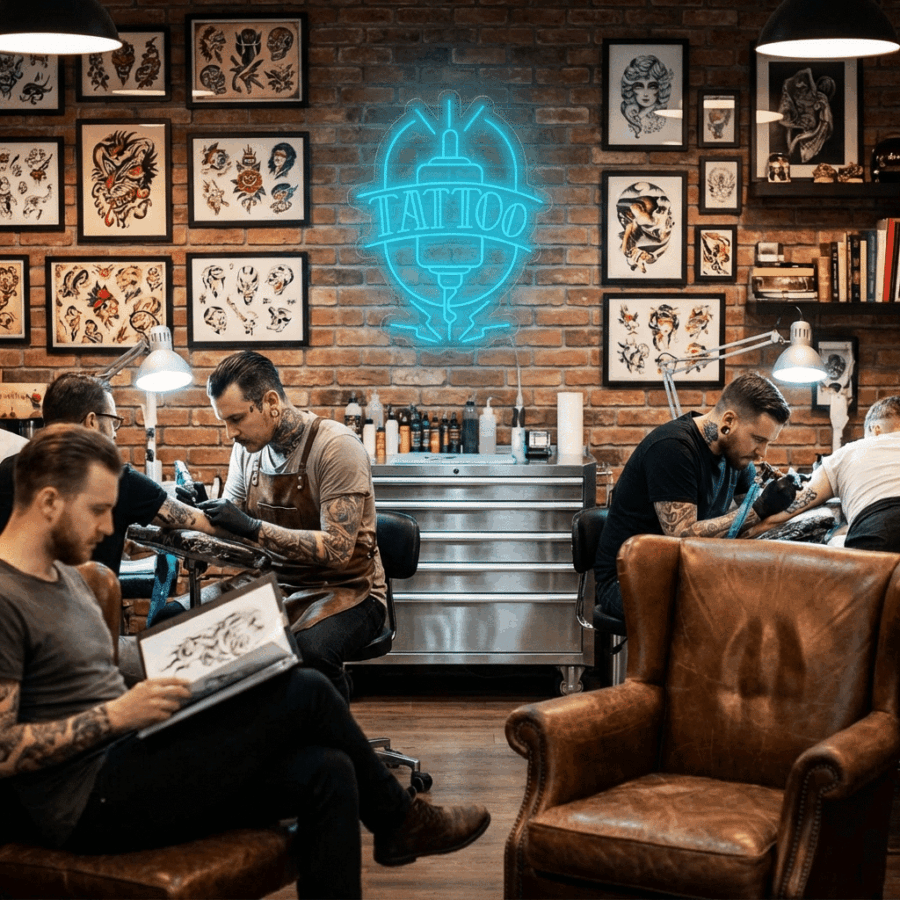 Tattoo artists work in a brick-walled studio with framed designs and a neon "TATTOO" sign; in front, someone sketches beside a glowing Neon Tattoo Needle.