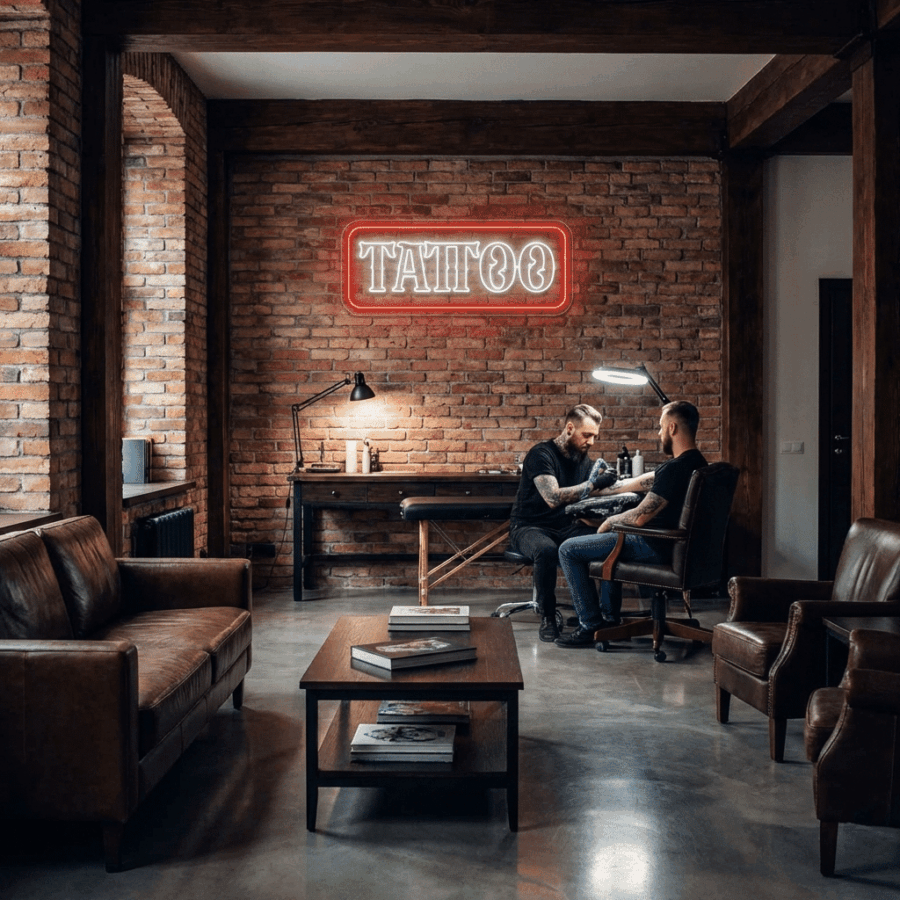 A tattoo artist works on a client’s arm in an industrial-style studio with exposed brick walls, leather furniture, and a glowing Neon Tattoo sign.