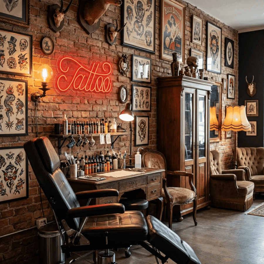 Fine Line Neon Tattoo features a black tattoo chair, wooden furniture, framed tattoo art on brick walls, a neon "Tattoo" sign, and tattoo ink bottles displayed on the desk.