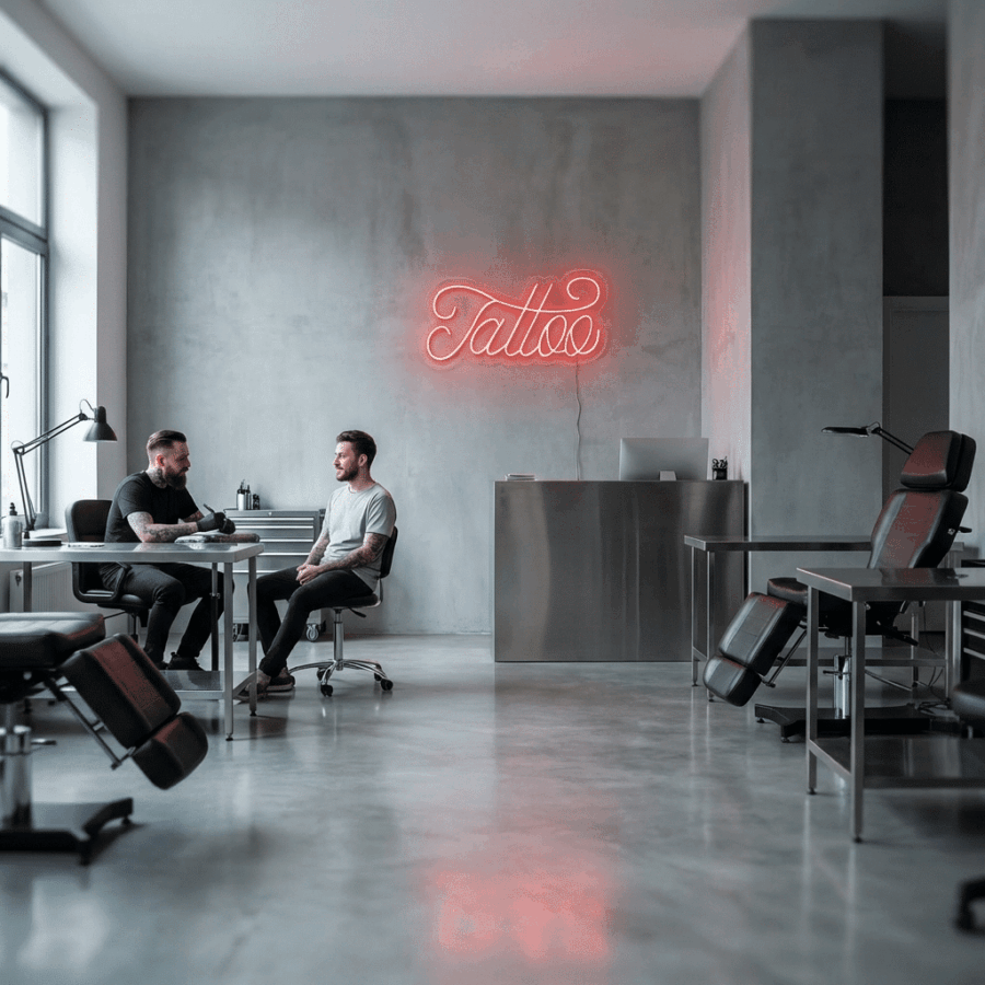 At Fine Line Neon Tattoo, two people sit at a desk in a modern studio with gray walls and a glowing red neon "Tattoo" sign. Tattoo chairs and workstations are arranged throughout the sleek, contemporary space.