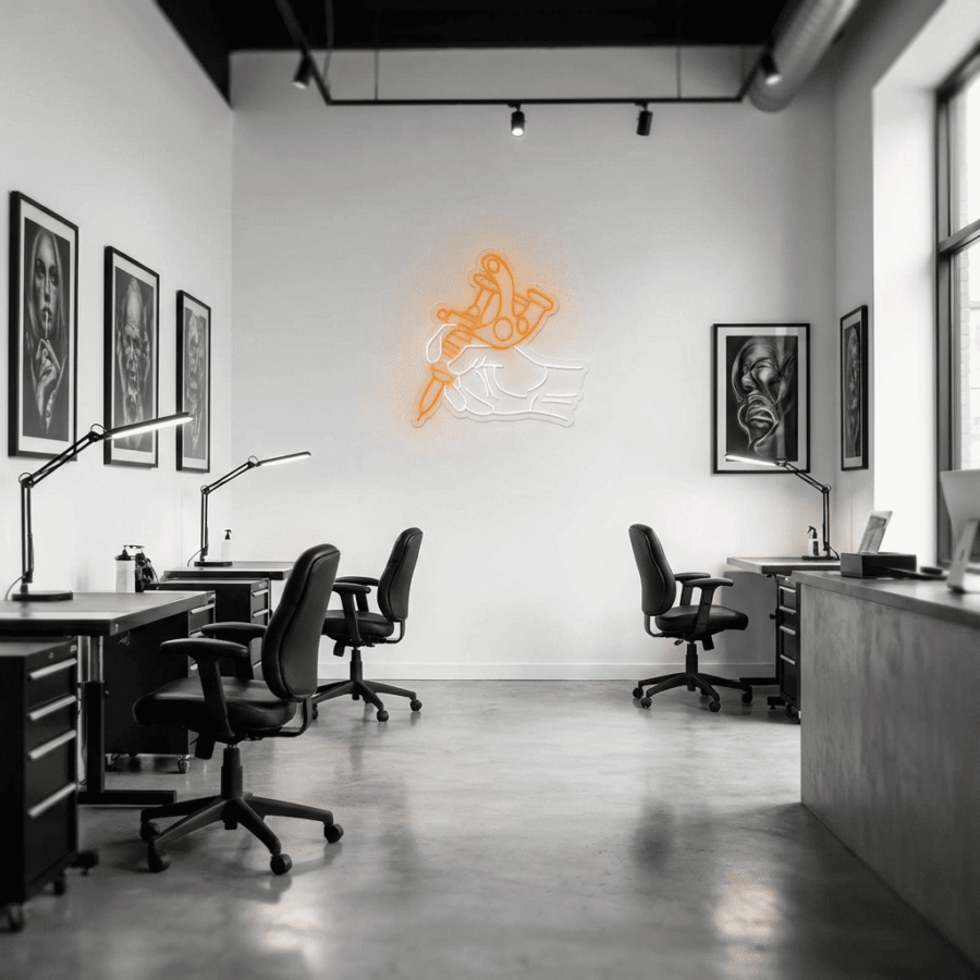 A modern office with four desks, black chairs, wall art, and a Neon Signs for Tattoo Studios piece—a neon hand holding a tattoo machine on a white wall—offers creative inspiration for any tattoo studio.