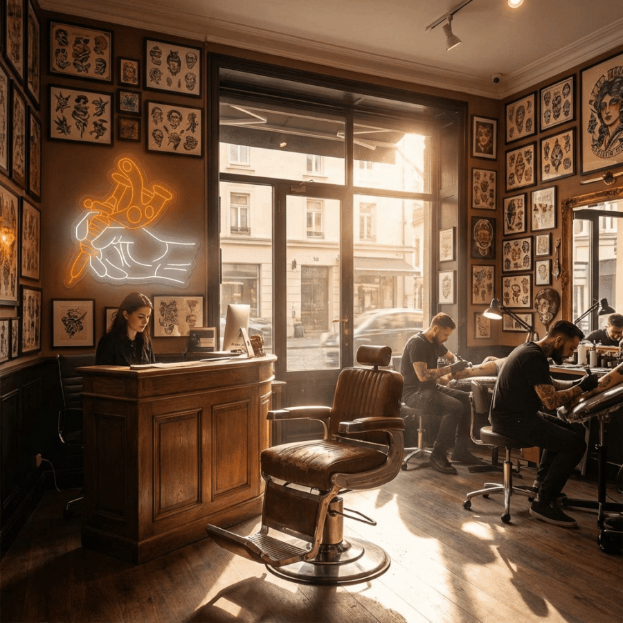 Tattoo studio interior with framed art, a wooden reception desk, and two artists in barber chairs. Sunlight pours through large windows, while Neon Signs for Tattoo Studios brighten and energize the vibrant space.