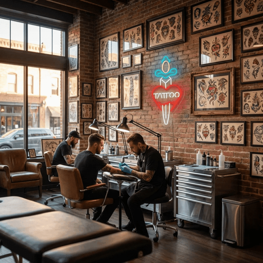 Tattoo artists work in a studio with exposed brick walls, framed Old School designs, large windows, and the Old School Tattoo Neon sign glowing brightly.