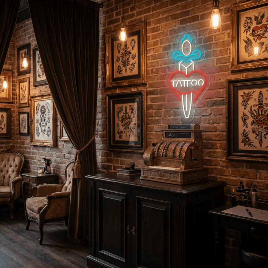 A vintage-style tattoo parlor featuring framed old school art, a glowing Old School Tattoo Neon sign, antique cash register, and plush chairs against exposed brick walls.