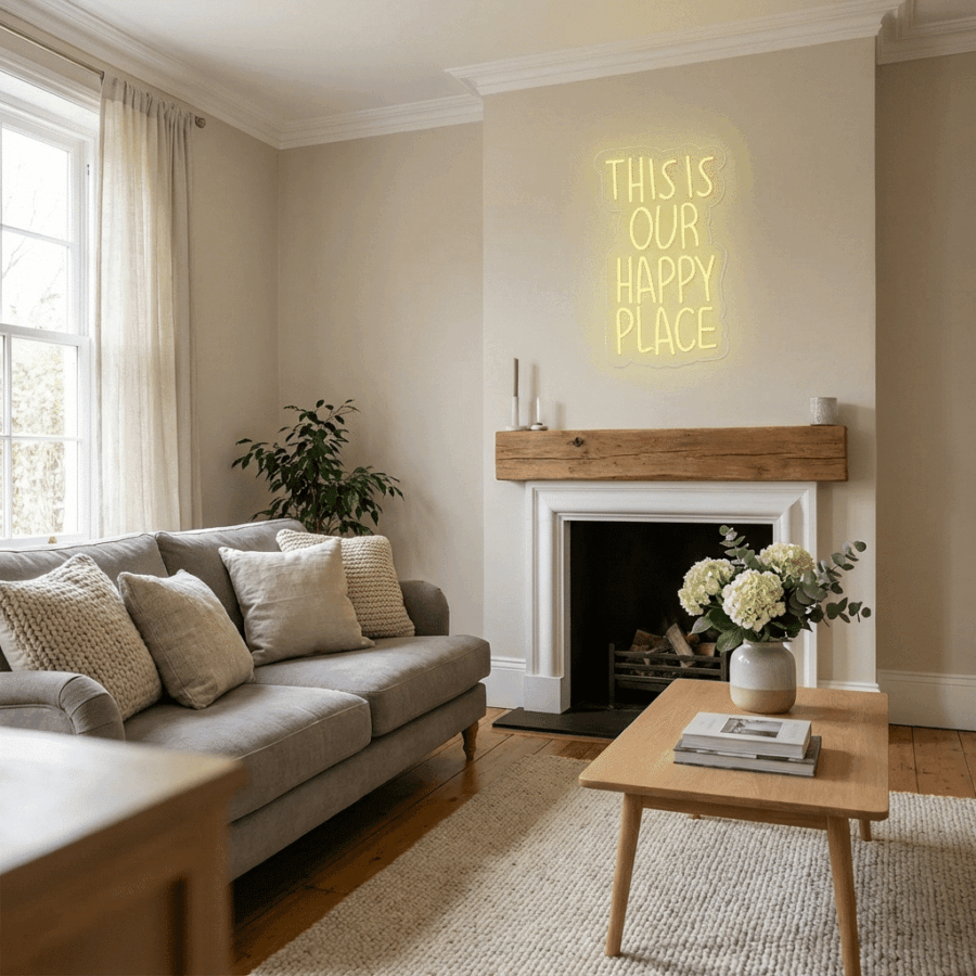 A neutral-toned living room features a gray sofa, a wooden table with flowers, a cozy fireplace, and the Neon This is our Happy Place sign glowing above the mantel.