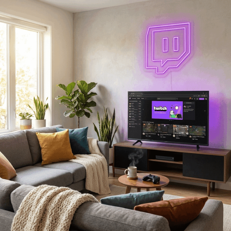A modern living room with a grey sectional sofa, colorful pillows, a TV streaming Twitch, a Twitch Neon sign on the wall, and potted plants near a large window.