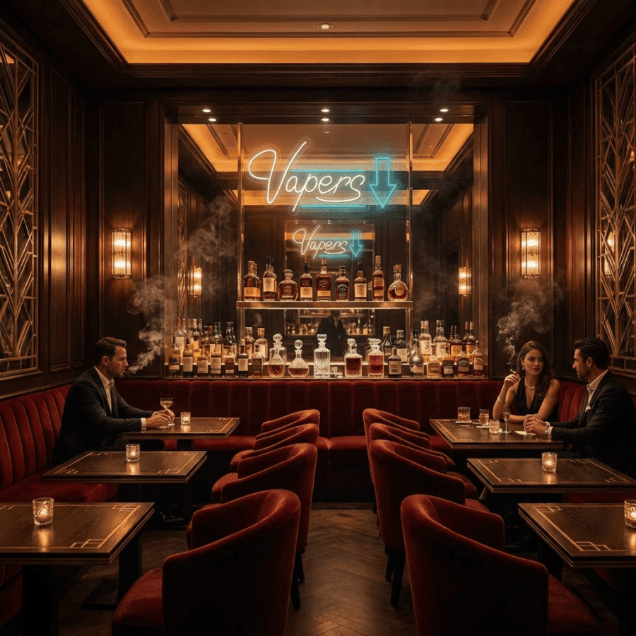 Two pairs of people sit at tables in Neon Vapers, an upscale bar with red velvet seating, candles, a neon "Neon Vapers" sign above bottles and decanters, and visible vapor clouds filling the air.