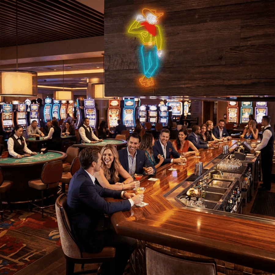 Guests in formal attire socialize at a casino bar beneath warm lighting, with slot machines and table games in the background—highlighted by the iconic Las Vegas Cowboy Neon sign.