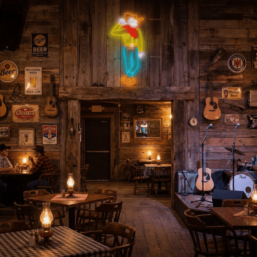 Rustic bar with wooden walls, vintage beer signs, hanging guitars, and a Las Vegas Cowboy Neon sign above. Several tables, oil lamps, and a small stage for live music are also visible.