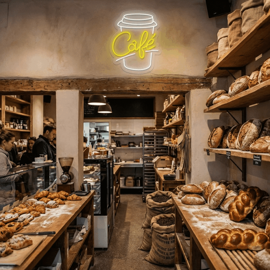 A bakery café interior with shelves of bread and pastries, people ordering at the counter, and a glowing Neon Coffee Cup sign next to the neon "Café" sign above the entrance to the kitchen.