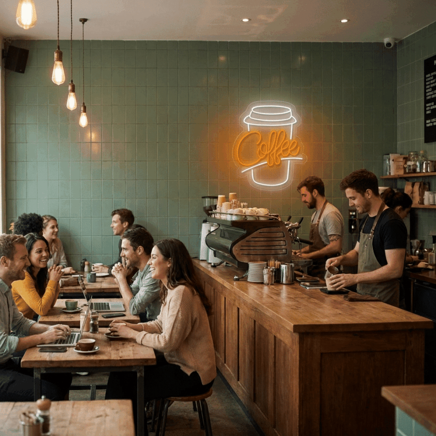 People sit at tables with laptops or chat while baristas make drinks in a modern coffee shop featuring green tiles and a glowing Neon Coffee Cup sign—the signature product, illuminating the wall behind the counter.