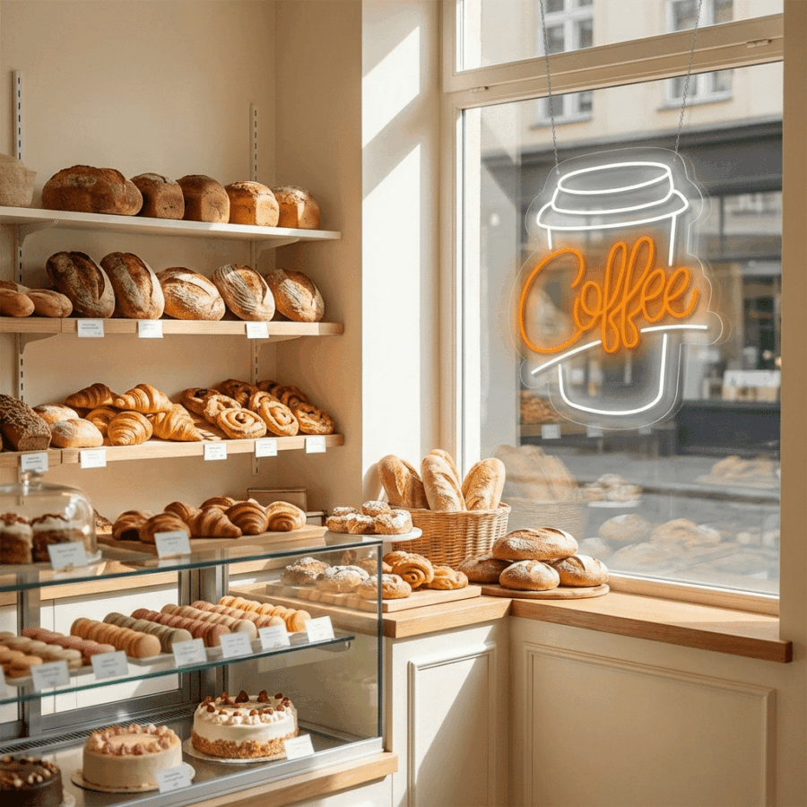 A bakery interior featuring shelves of bread, a display case with pastries and cakes, and the Neon Coffee Cup sign glowing in the window as sunlight streams inside.