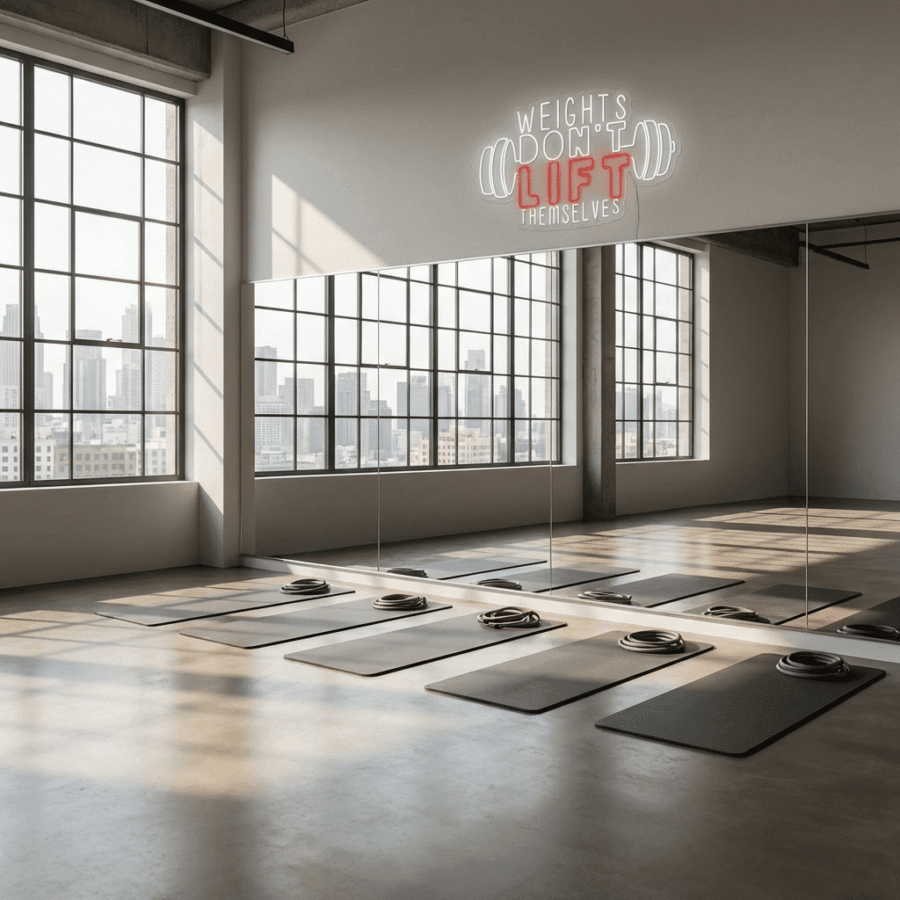 Bright gym studio with large windows, yoga mats, resistance bands, and a Neon Weights Don't Lift Themselves sign on the mirror.