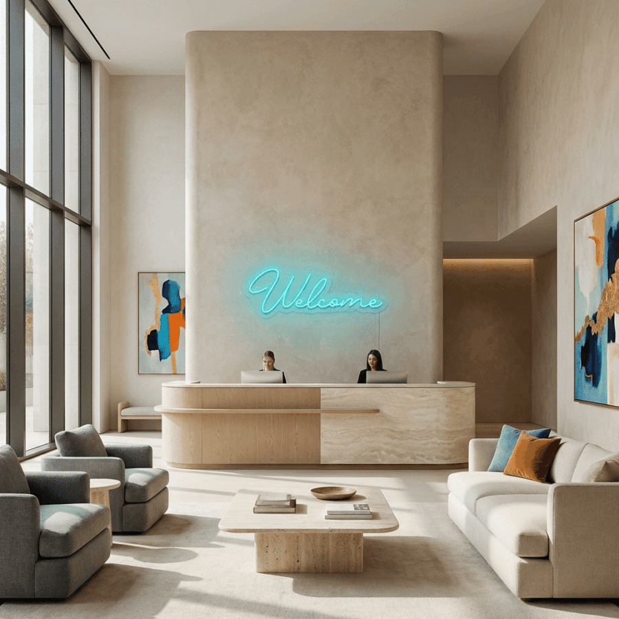 A modern hotel lobby features neutral-toned furniture, two receptionists at the front desk, and a Welcome Neon sign illuminating the wall behind them. Large windows fill the space with natural light.