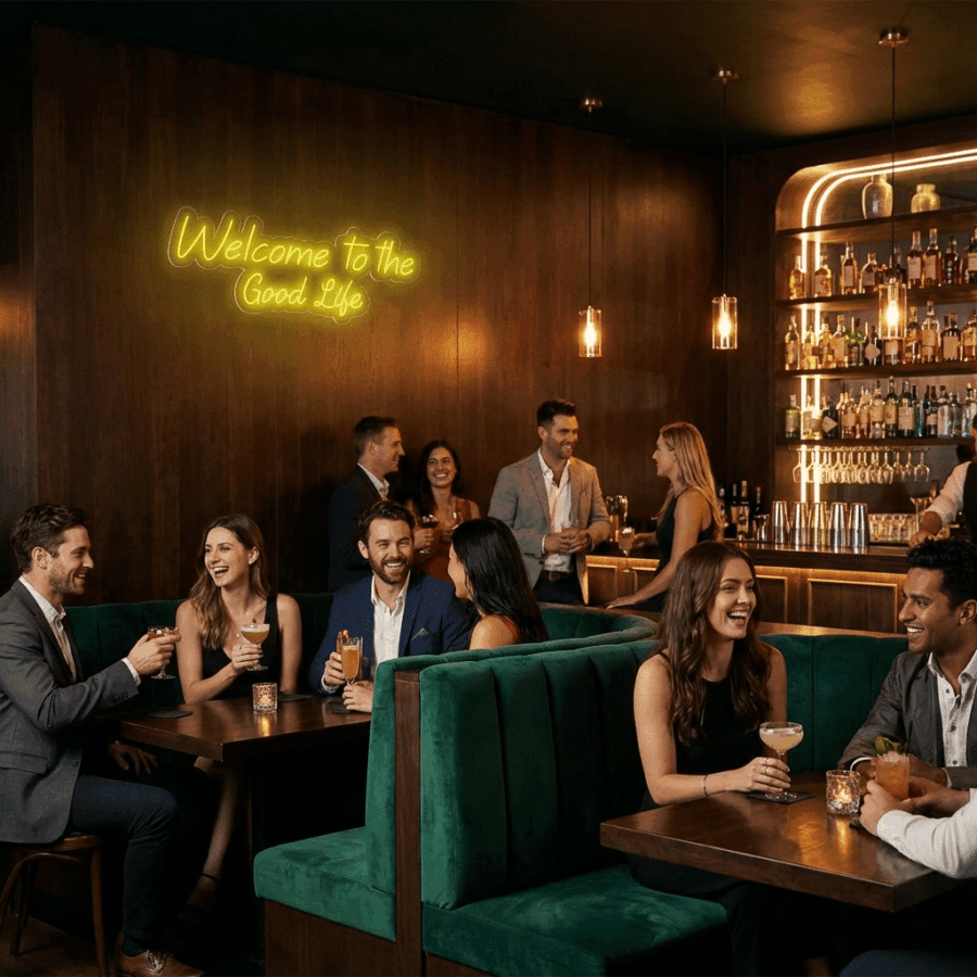 Guests in semi-formal attire mingle and sip cocktails at a stylish bar featuring the Neón Welcome to the Good Life sign, green booths, and a playful “Take a Selfie” neon spot on a wooden wall.