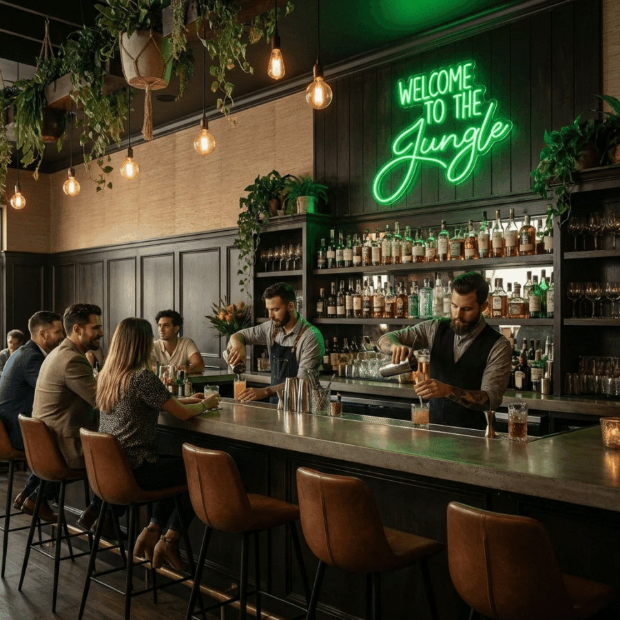 Bartenders serve drinks to patrons at a stylish bar, featuring the Welcome To The Jungle Neon Sign and hanging plants above the counter.