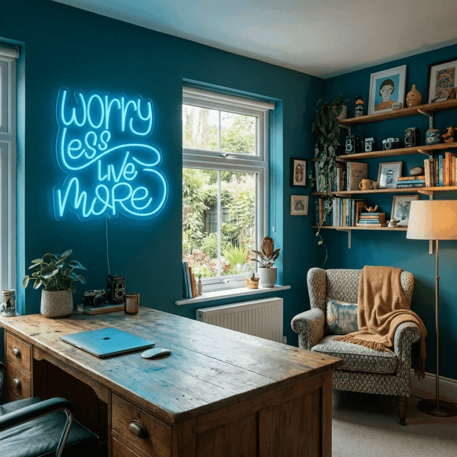A home office features a wooden desk, armchair, bookshelves, potted plants, and the Neon Sign: Worry Less, Live More on the wall. Sunlight streams in through the window.